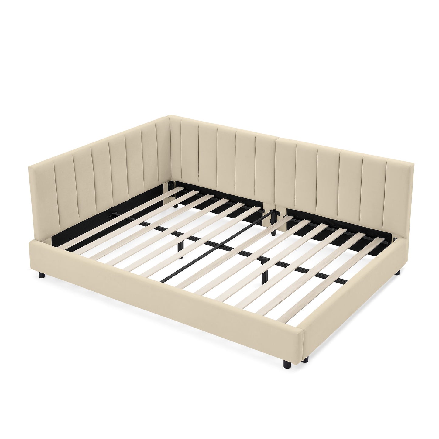 Mid-Century Upholstered Tufted Bed Frame With Backrest And Armrests