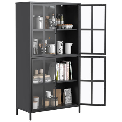 Premium Metal Storage Cabinet With Tempered Glass Doors, Adjustable Shelves, And Anti Tipping Device - Black