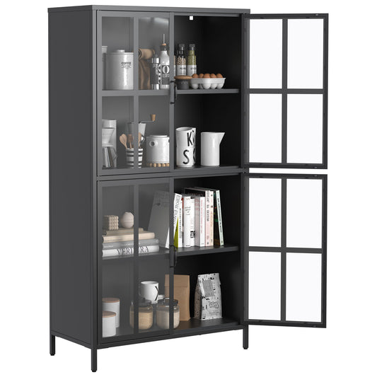 Premium Metal Storage Cabinet With Tempered Glass Doors, Adjustable Shelves, And Anti Tipping Device - Black