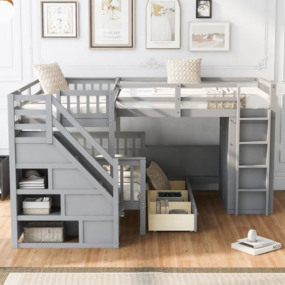 L Shaped Bunk Bed With 3 Drawers, Portable Desk And Wardrobe