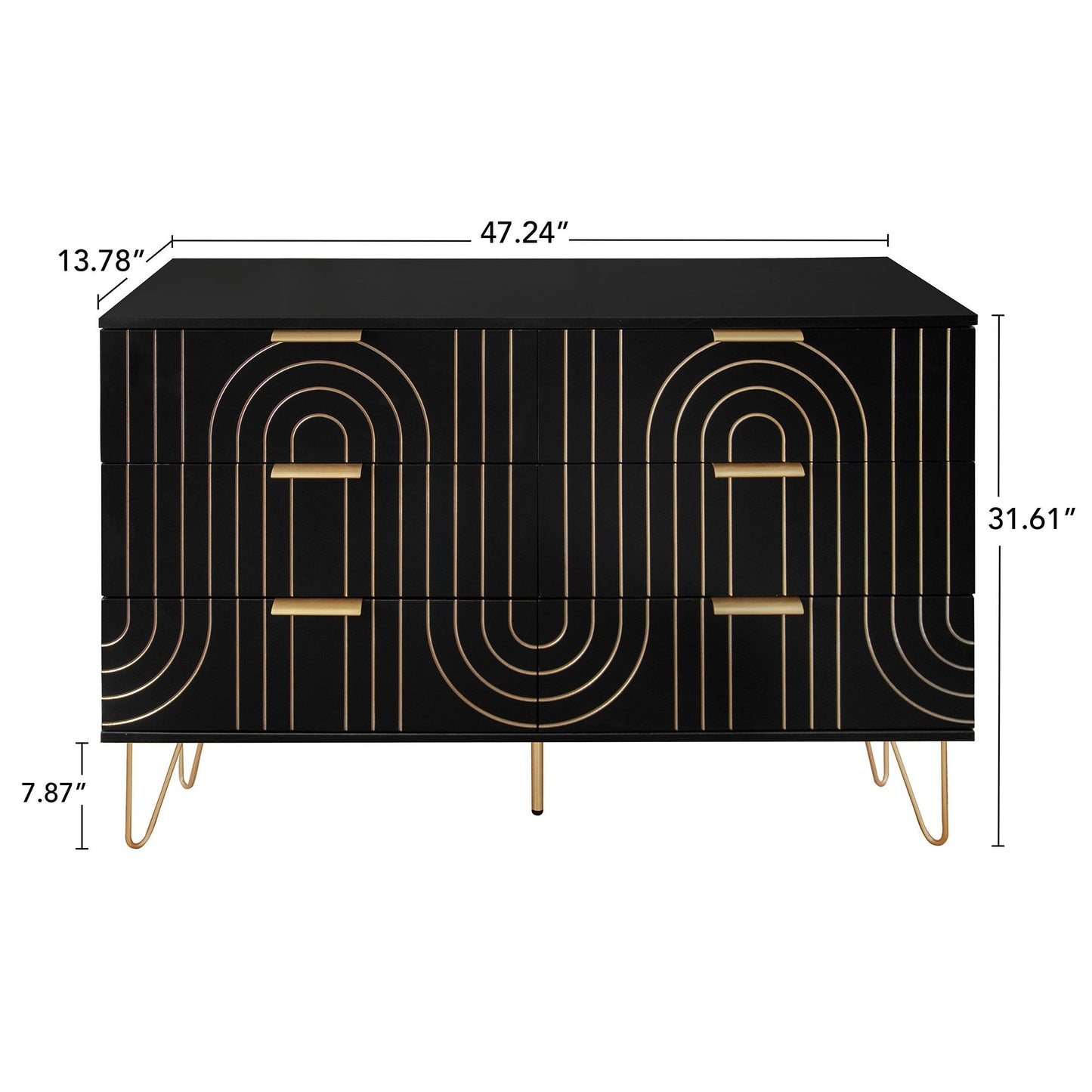 Modern 6 Drawer Dresser, Modern Dresser With Metal Handles, Storage Chest Of Drawer, Wide Dresser Drawer Organizers With Carving Design For Bedroom, Living Room, Hallway - Black