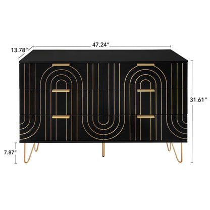 Modern 6 Drawer Dresser, Modern Dresser With Metal Handles, Storage Chest Of Drawer, Wide Dresser Drawer Organizers With Carving Design For Bedroom, Living Room, Hallway - Black