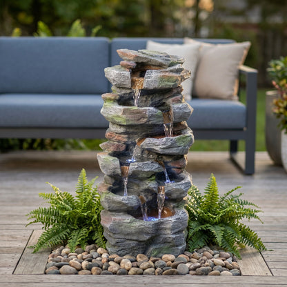 Rock Waterfall Outdoor Fountain With LED Lights - Gray