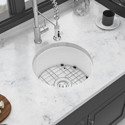 Ceramic Circular Kitchen Sink With Drain Assembly And Bottom Grid, 18" Dual Mount - White