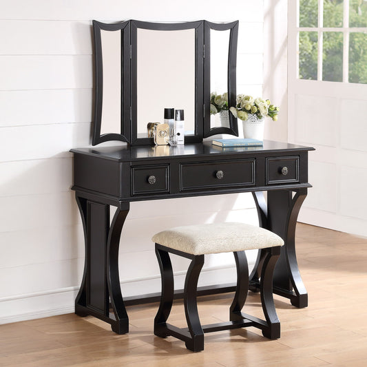 Bedroom Vanity Set With Foldable Mirror And Stool - Black