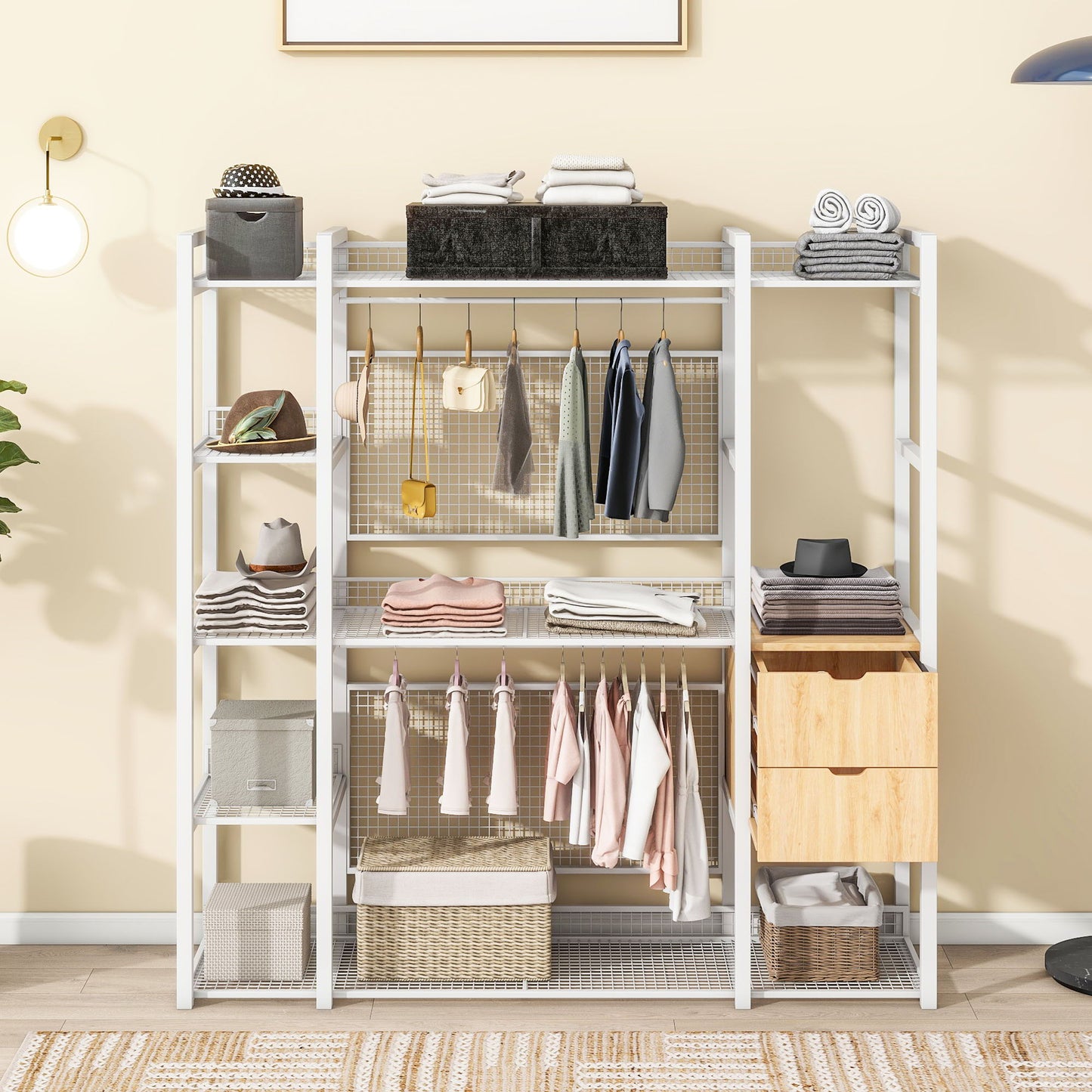 Open Style Wardrobe With Hanging Rails, Shelves And Drawers