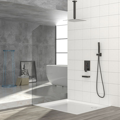 Shower System With Waterfall Tub Spout And 12" Ceiling Mount Square Shower Head - Oil-Rubbed Bronze