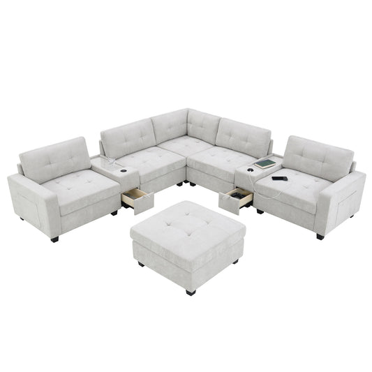 Sectional With Acrylic Table Top U Shaped Couch Set With 2 Consoles USB Charger, Storage Drawers And Pockets Movable Ottoman Tufted Sofa