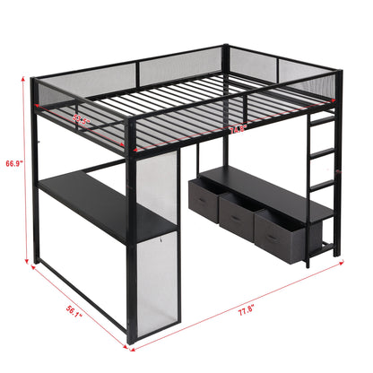 Full Size Gaming Loft Bed With LED Desk, Open Wardrobe, 3 Linen Storage Drawers - Black