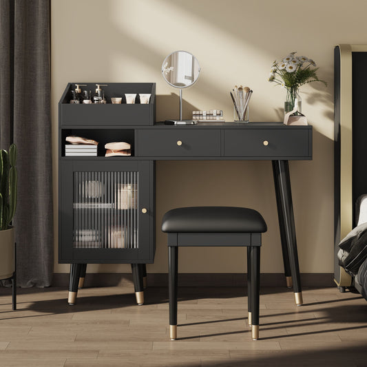 Modern Makeup Vanity Desk With Drawers Cabinet & Charging Port Engineered Wood Space Saving Design For Small Places - Black
