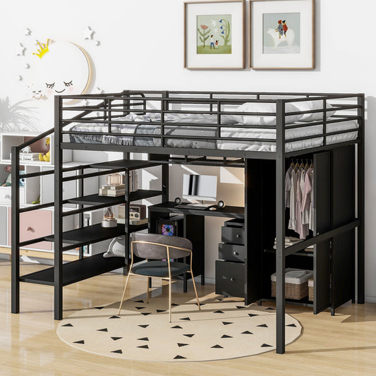 Full Size Loft Bed With Desk Set And Wardrobe - Black