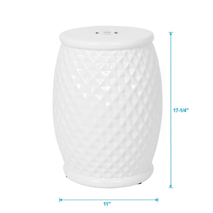 Glazed Ceramic Drum Stool Indoor / Outdoor Side Table Ceramic - White