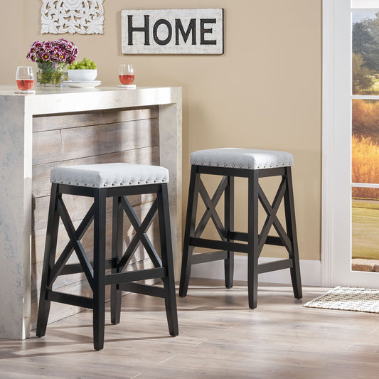 Greely Saddle Barstool Set With Fabric Upholstery - Light Gray