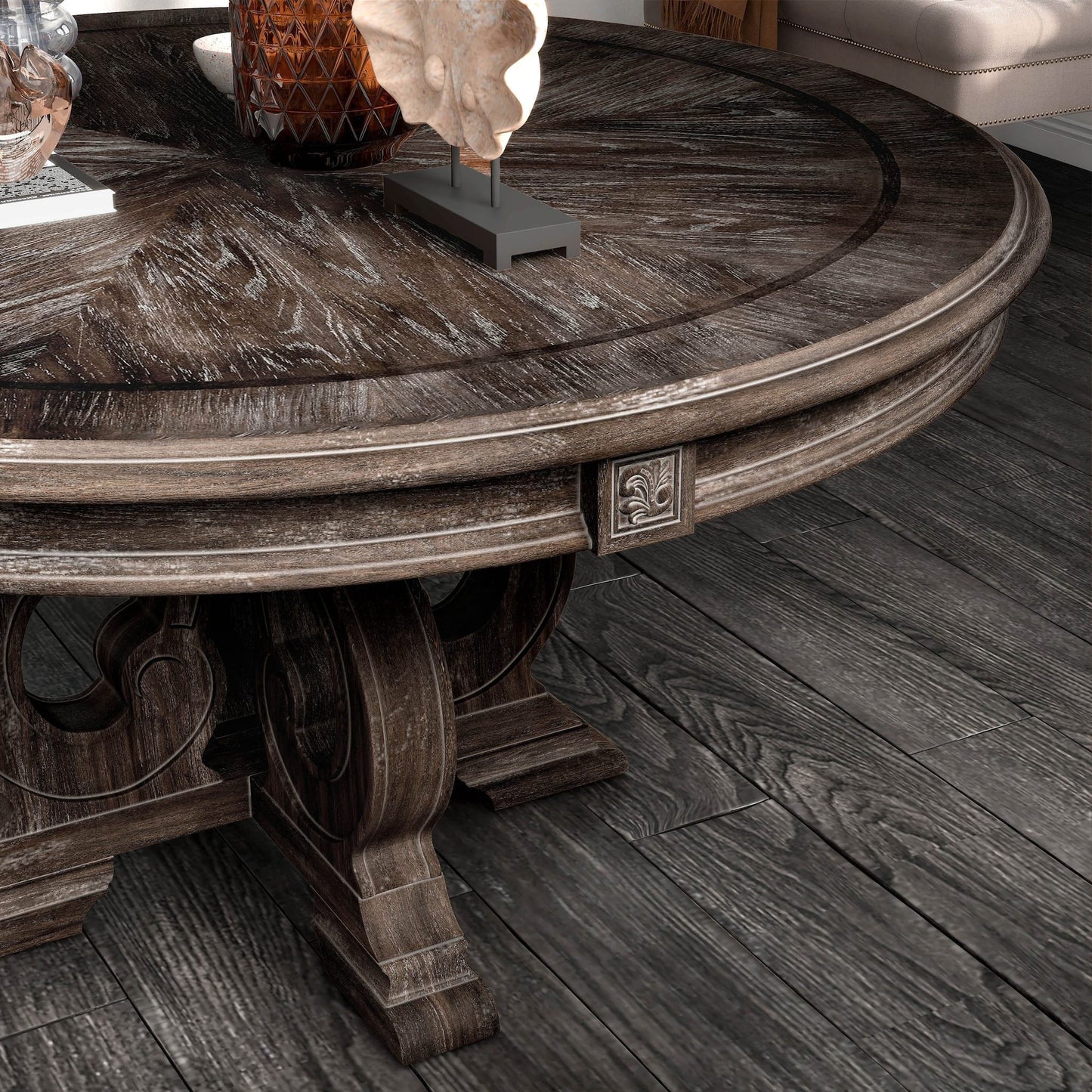 Round Dining Table With Pedestal Base - Natural / Rustic