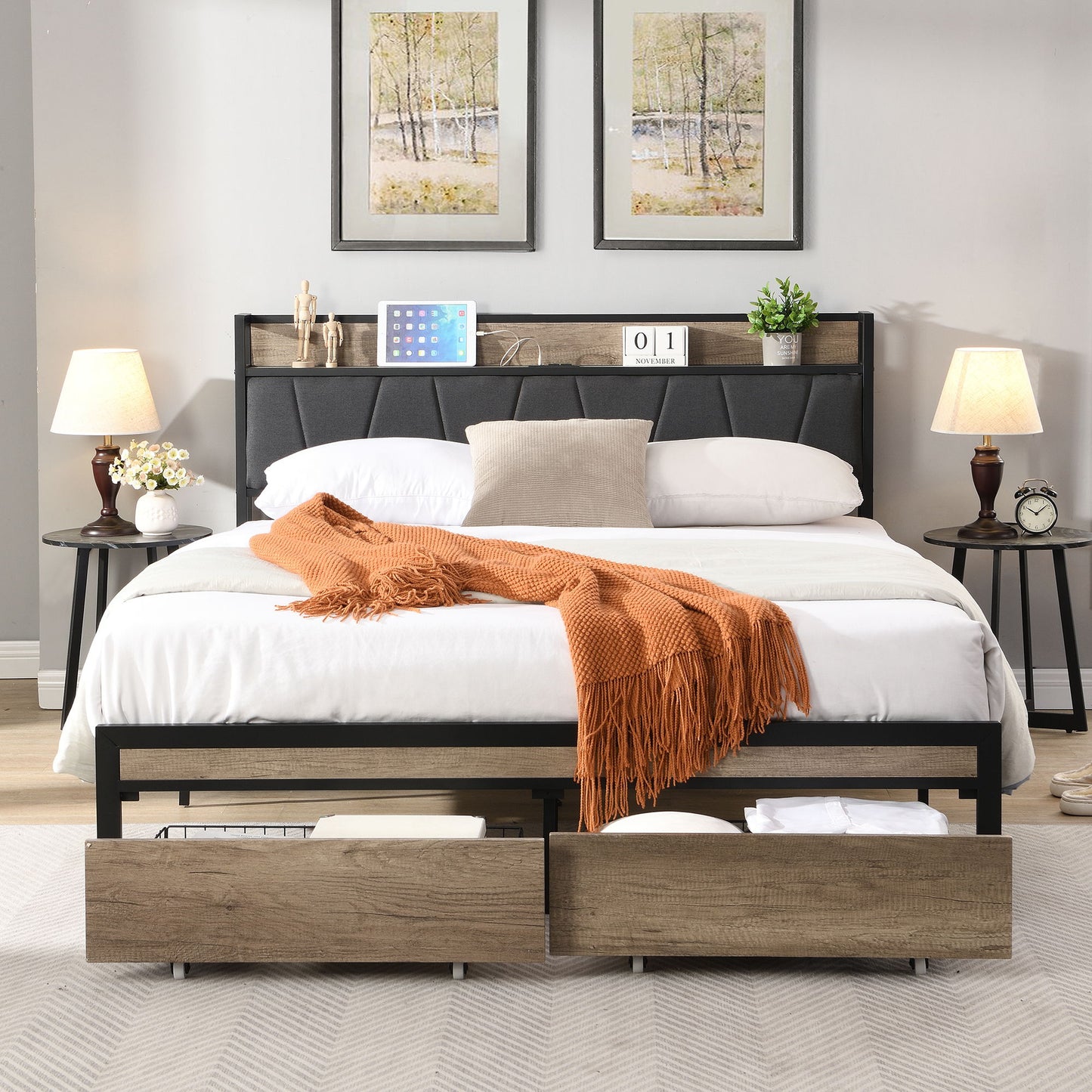 Modern Bed Frame With LED Lights, Upholstered Headboard, USB Charging