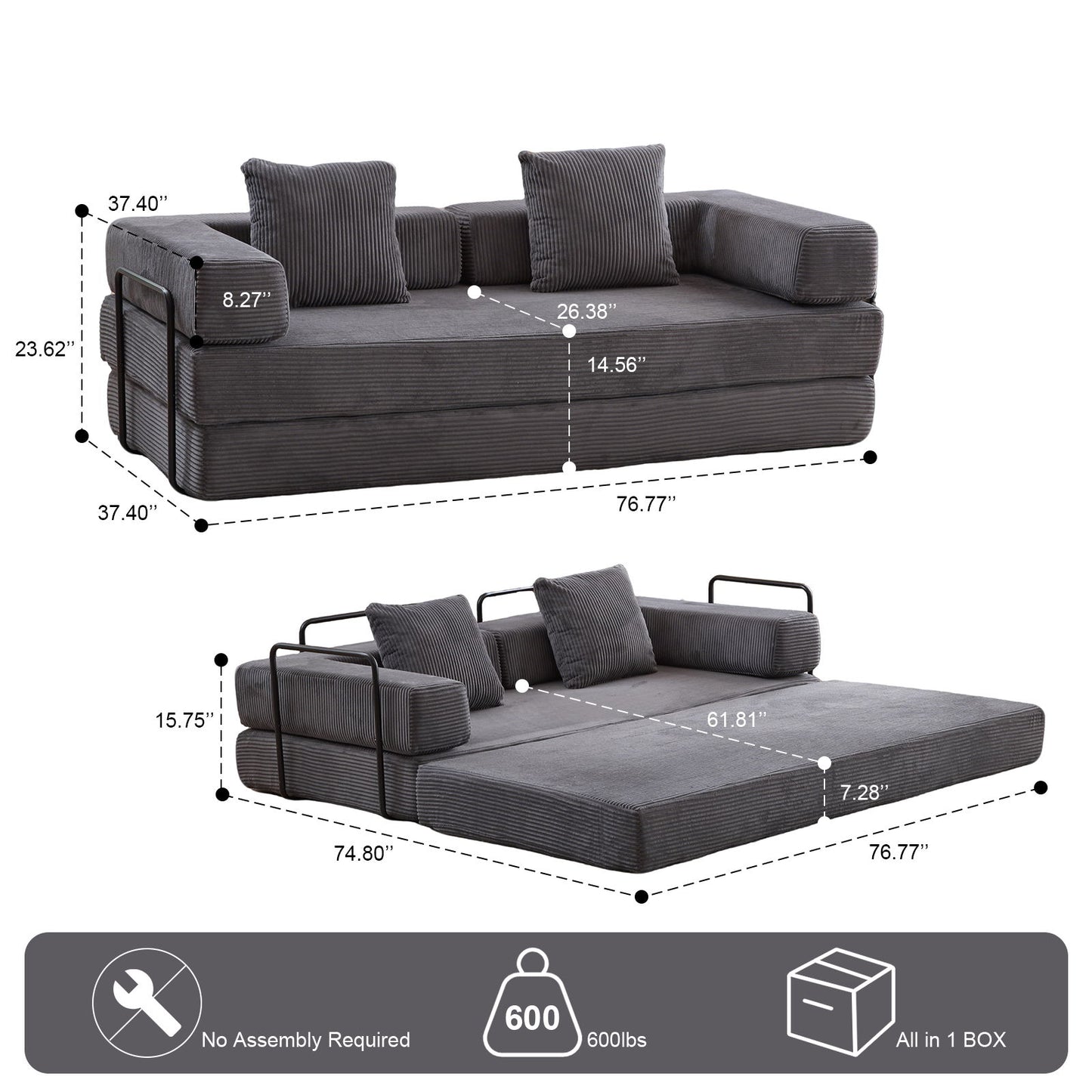 Floor Couch, Convertible Floor Sofa Bed With Pillow Back Support Armrest
