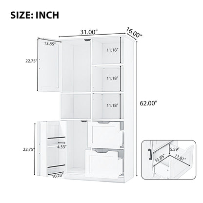 Freestanding Bathroom Storage Cabinet With Doors And Drawers, Adjustable Shelf, Open Shelves - White