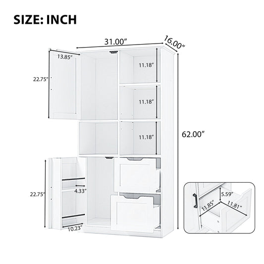 Freestanding Bathroom Storage Cabinet With Doors And Drawers, Adjustable Shelf, Open Shelves - White