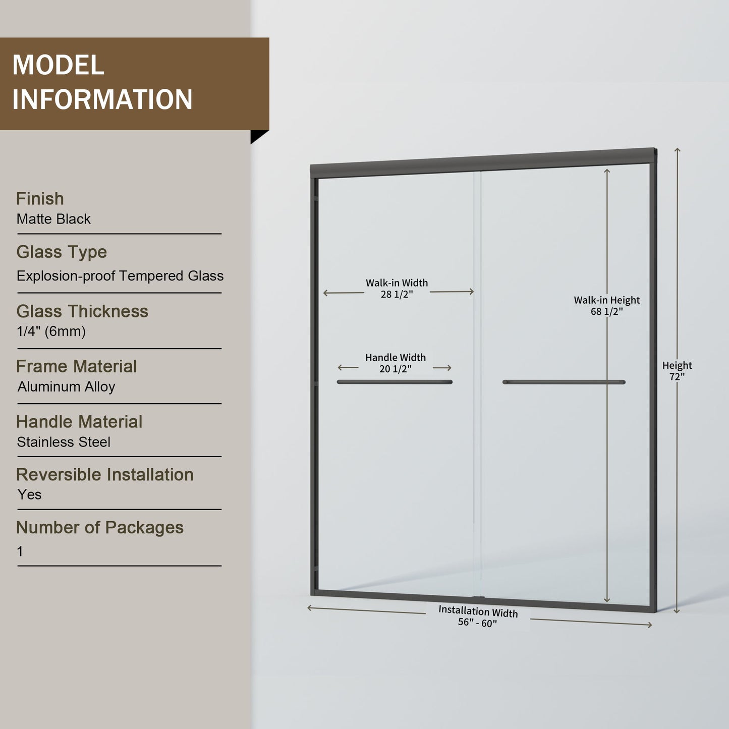 Double Sliding Shower Door, Semi-Frameless Bypass Bathroom Sliding Door With 1/4" (6 Mm) Tempered Glass For Walk-In Shower