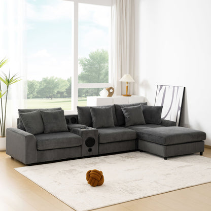 Sectional With Bluetooth Speakers L Shaped Couch With Console USB Charger, Cup Holders Storage Ottoman Deep And Wide Seat Cloud Sofa