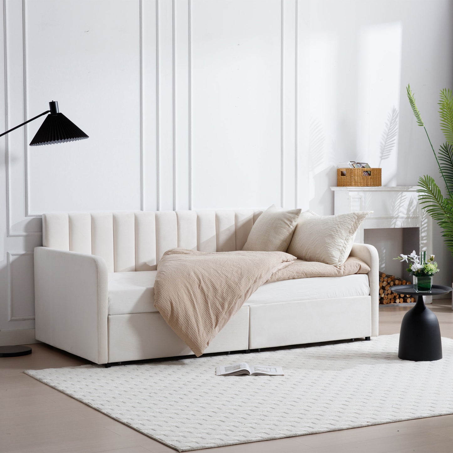 Flora - Upholstered Daybed With 2 Drawers Ribbed Tufted Backrest in Lavish Modern Design