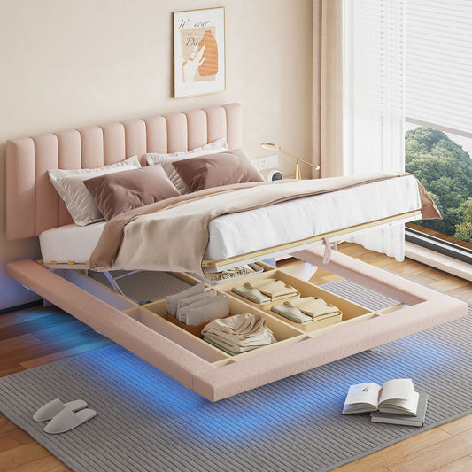 Upholstered Floating Hydrualic Platform Bed With LED Light And USB Port