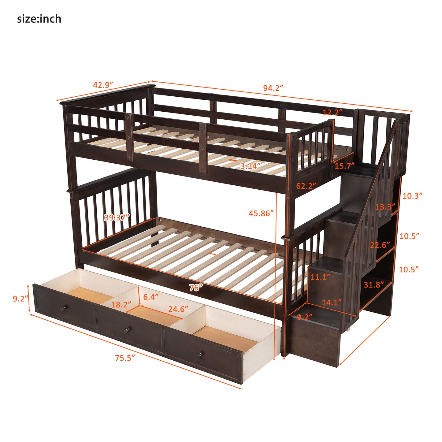 Stairway Bunk Bed With Storage And Guard Rail For Bedroom
