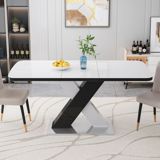 Rectangle Dining Table, Stretchable, Table Top With X Shape And Legs And Base - White / Black