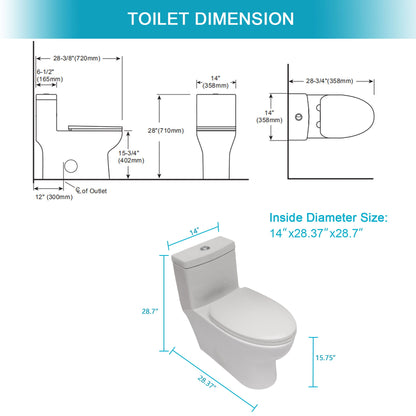 Modern Ceramic 1 Piece Toilet With Dual Flush And Soft Closing Seat - White