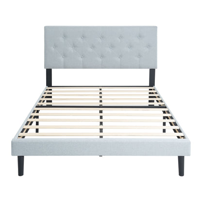 Modern Upholstered Platform Bed Frame With Button Tufted Linen Fabric Headboard