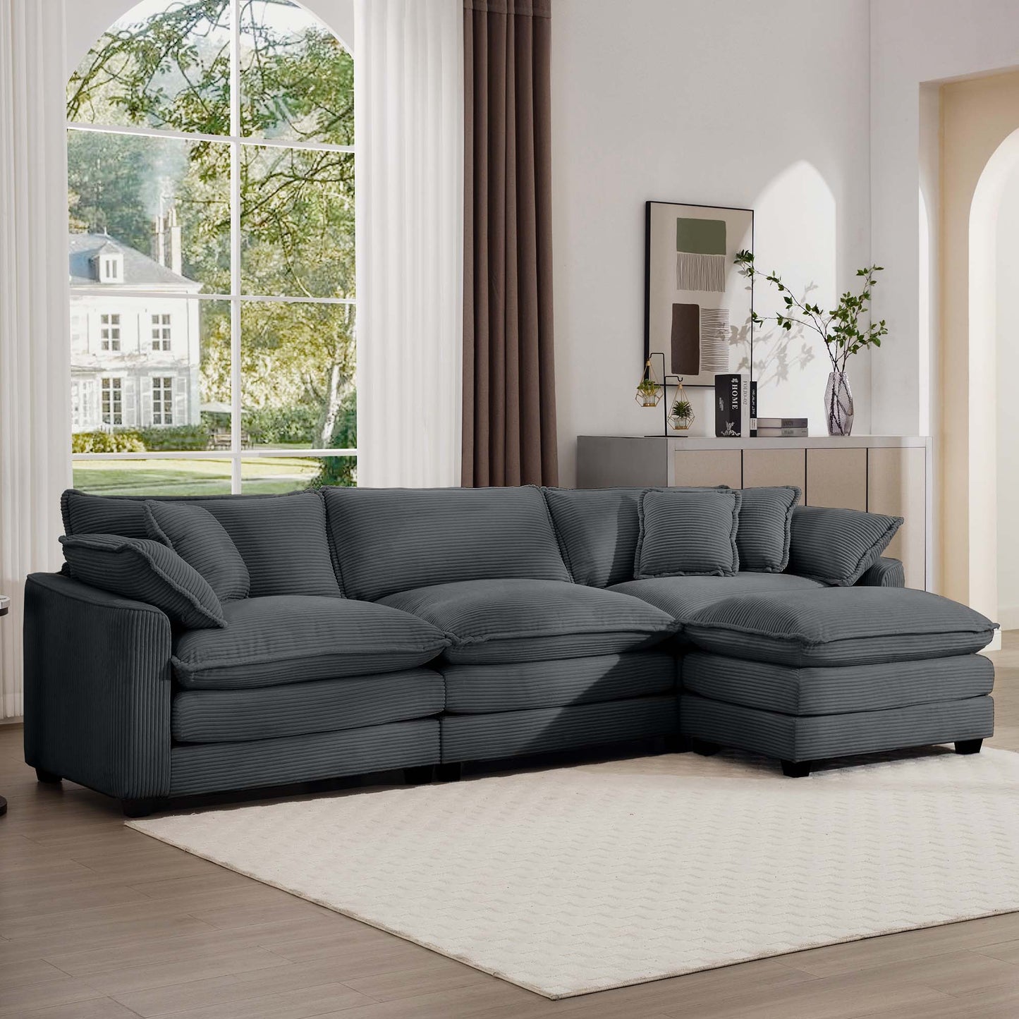 Modern Oversized Modular Cushion Sofa With Ottoman, Low Back, Deep Seating Sofa Set