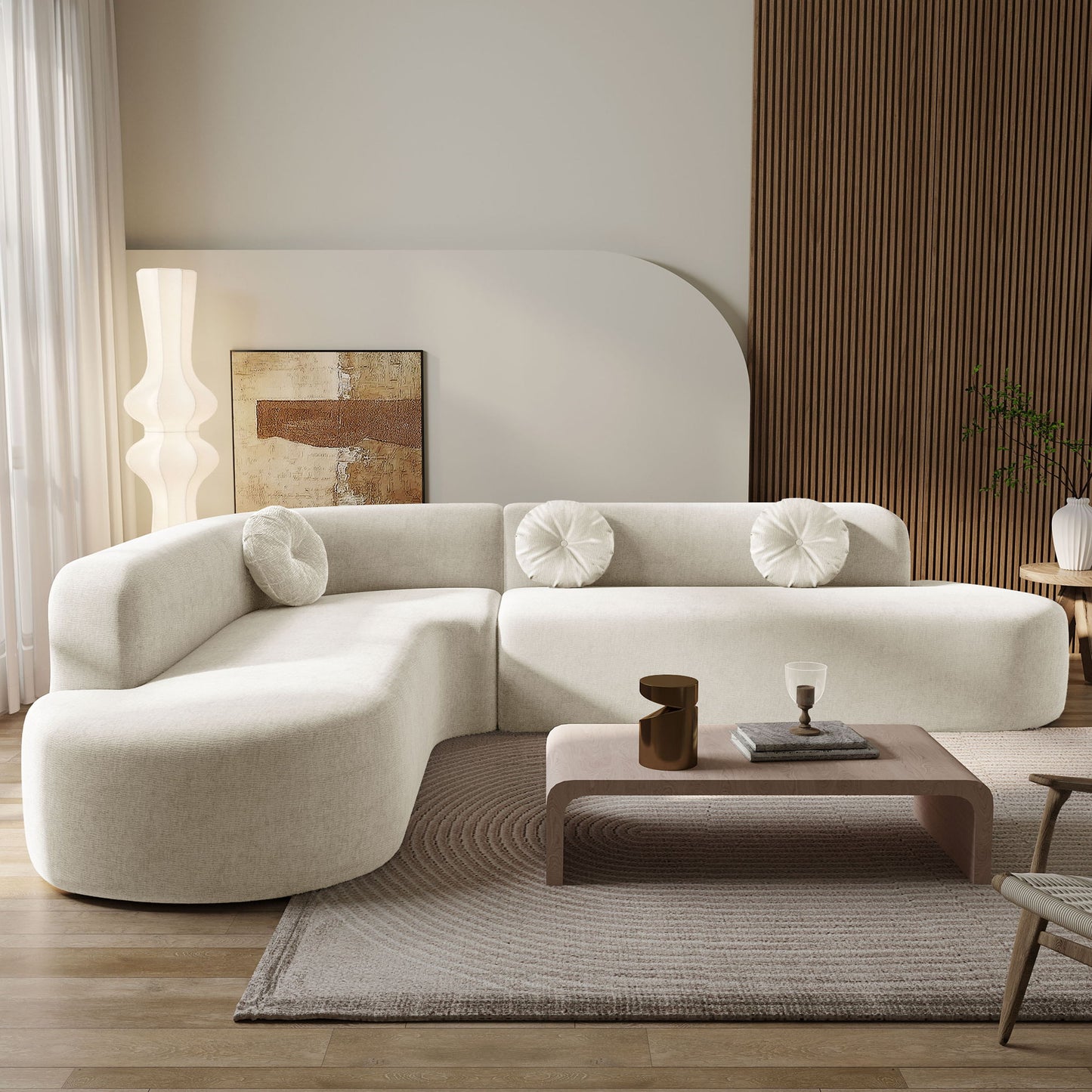 Extra Large Sectional Sofa Soft Fabric Upholstery, Elegant Curved Design With 3 Round Cushions, High - Resilience Foam For Ultimate Comfort - Beige