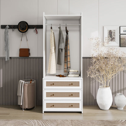 Wardrobe With 3 Drawers High Wardrobe Armoire With Rattan For Living Room Organizer - White