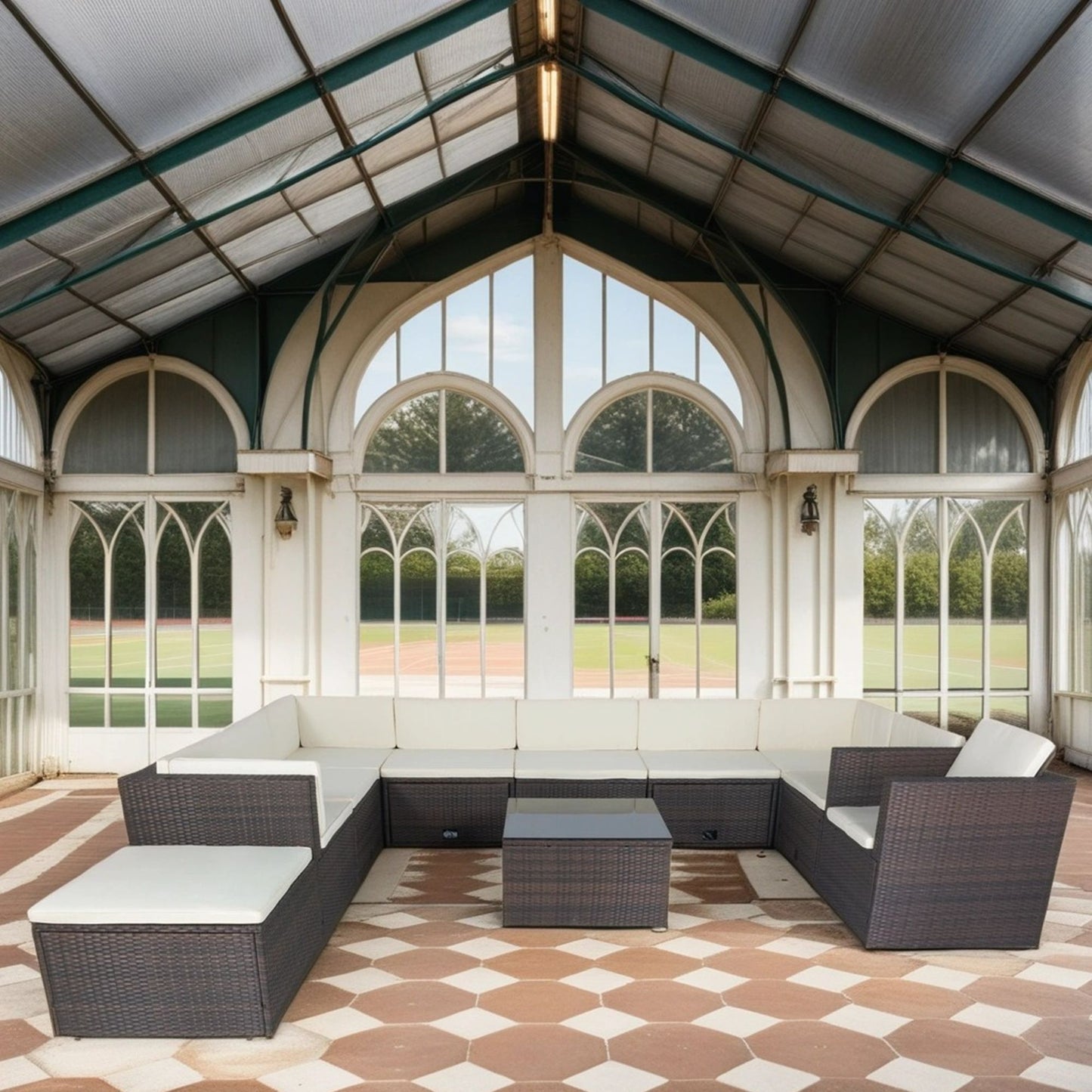 11 Piece Patio Wicker Conversation Set, 10 Seater Patio Sectional Set With 3 Storage Box Under Seat - Brown / White