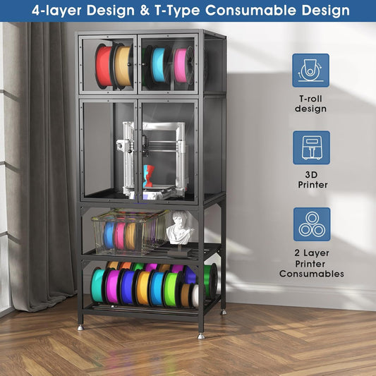3D Printer Cabinet With Double Layer Filament Storage, Noise Reducing Design - Black