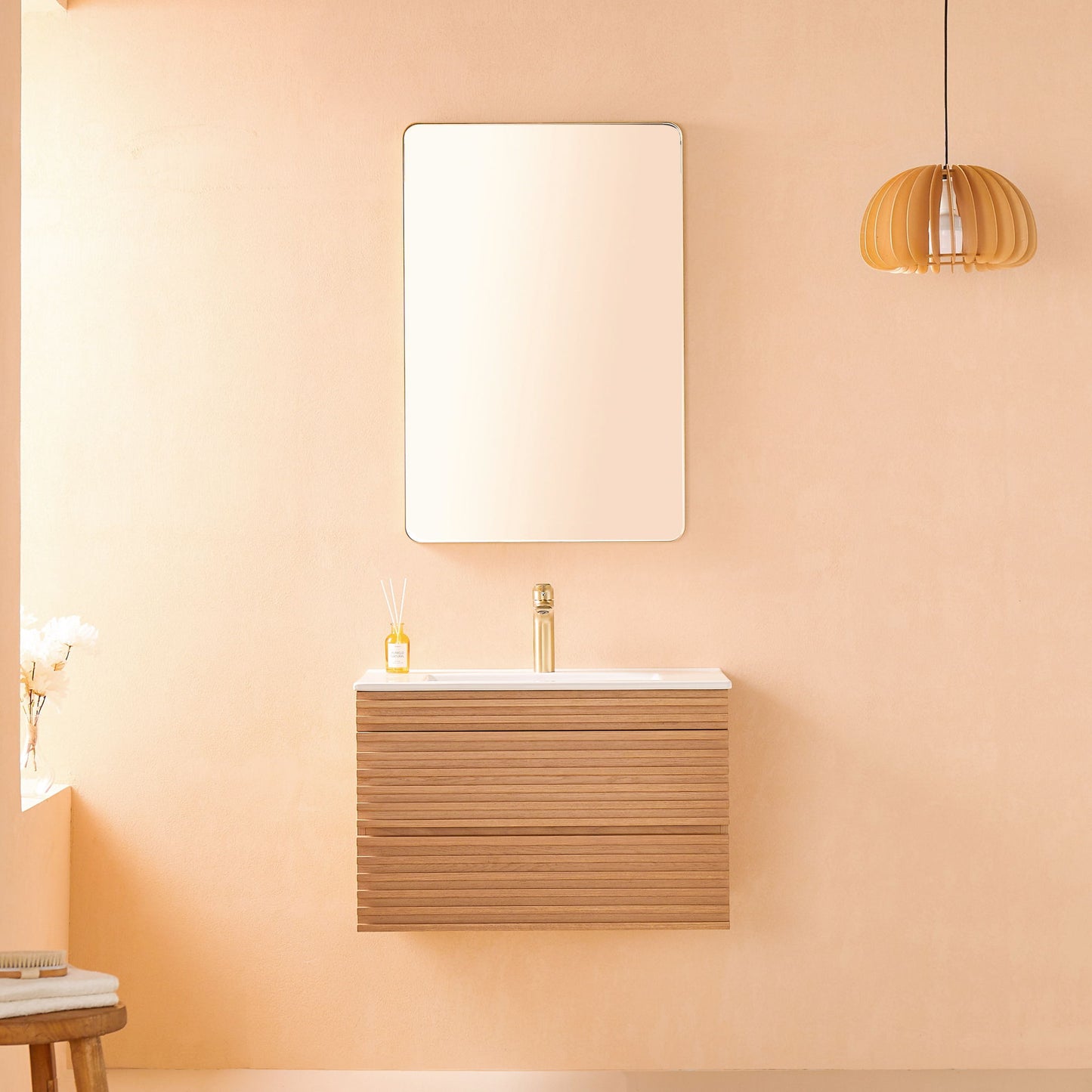 Wall Mounted & Floating Single Vanity With Ceramic Sink - Natural Walnut