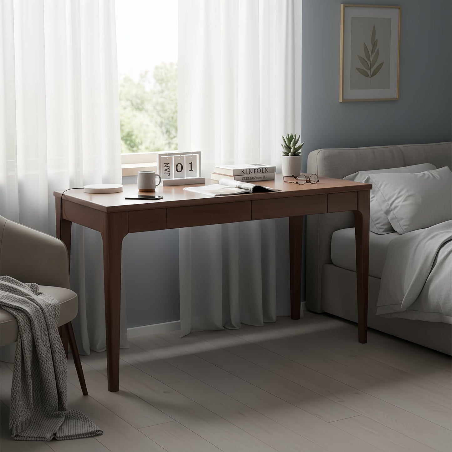 Desk With Drawers, Smooth Edge Design - Walnut