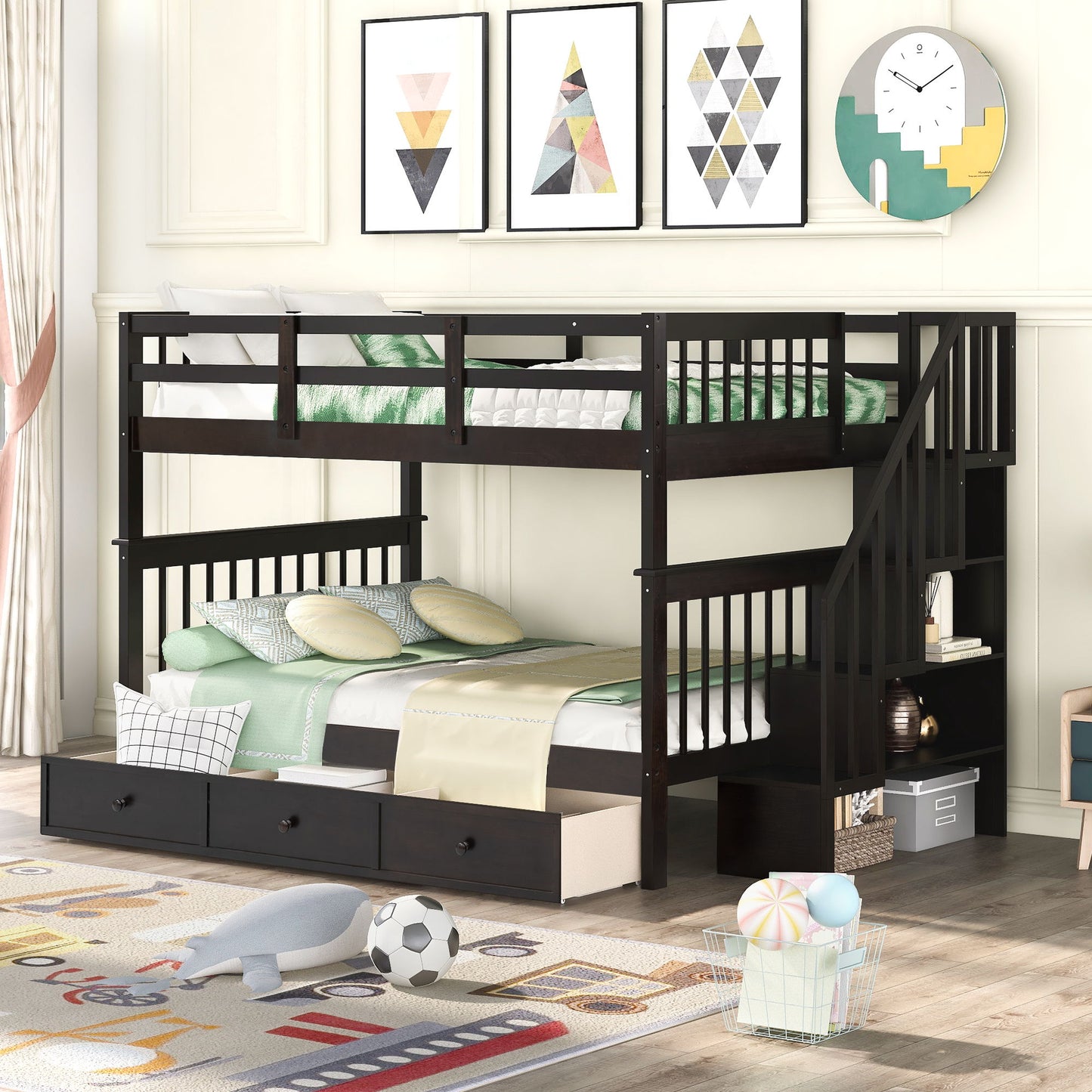Stairway Bunk Bed With Storage And Guard Rail For Bedroom