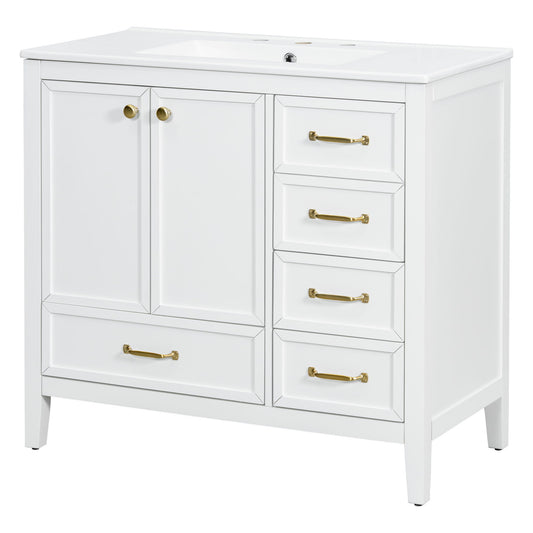 Elegant Vintage Bathroom Vanity With Sink And Soft Closing Door, 4 Drawers Of Different Sizes Frame