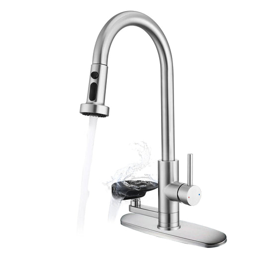 3 In 1 Kitchen Faucet With Press Type Glass Rinser, High Arc Pull Down Sprayer