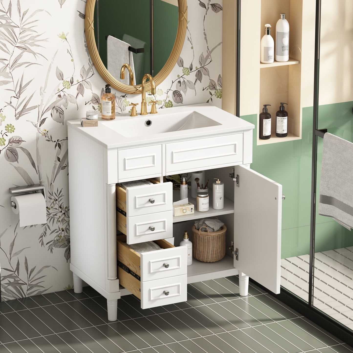Bathroom Vanity With Sink, Freestanding Storage Cabinet & 2 Drawers And Soft Closing Door, Solid Legs, Frame, Basin,