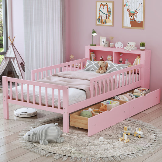 Bed With Headboard Storage Rack, 2 Under Bed Drawers, 3 Side Guardrails For Safety