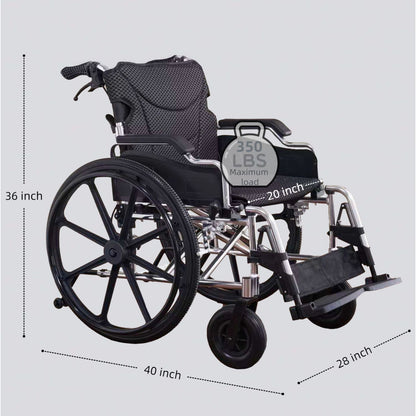 Heavy Duty Foldable Manual Wheelchair Double X Force Support With Adjustable Seat Belt Breathable Cushion & Anti Backflip Design 24" Tires For All Terrains 350 Lbs Capacity - Black / Silver