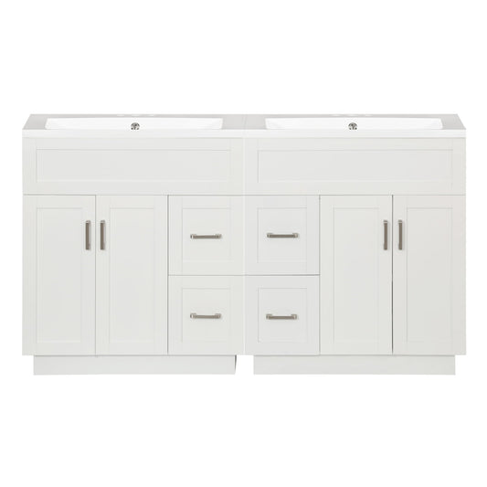 Bathroom Vanity With Dual Sinks, 4 Cabinet Doors, 4 Drawers, Adjustable Shelves - White