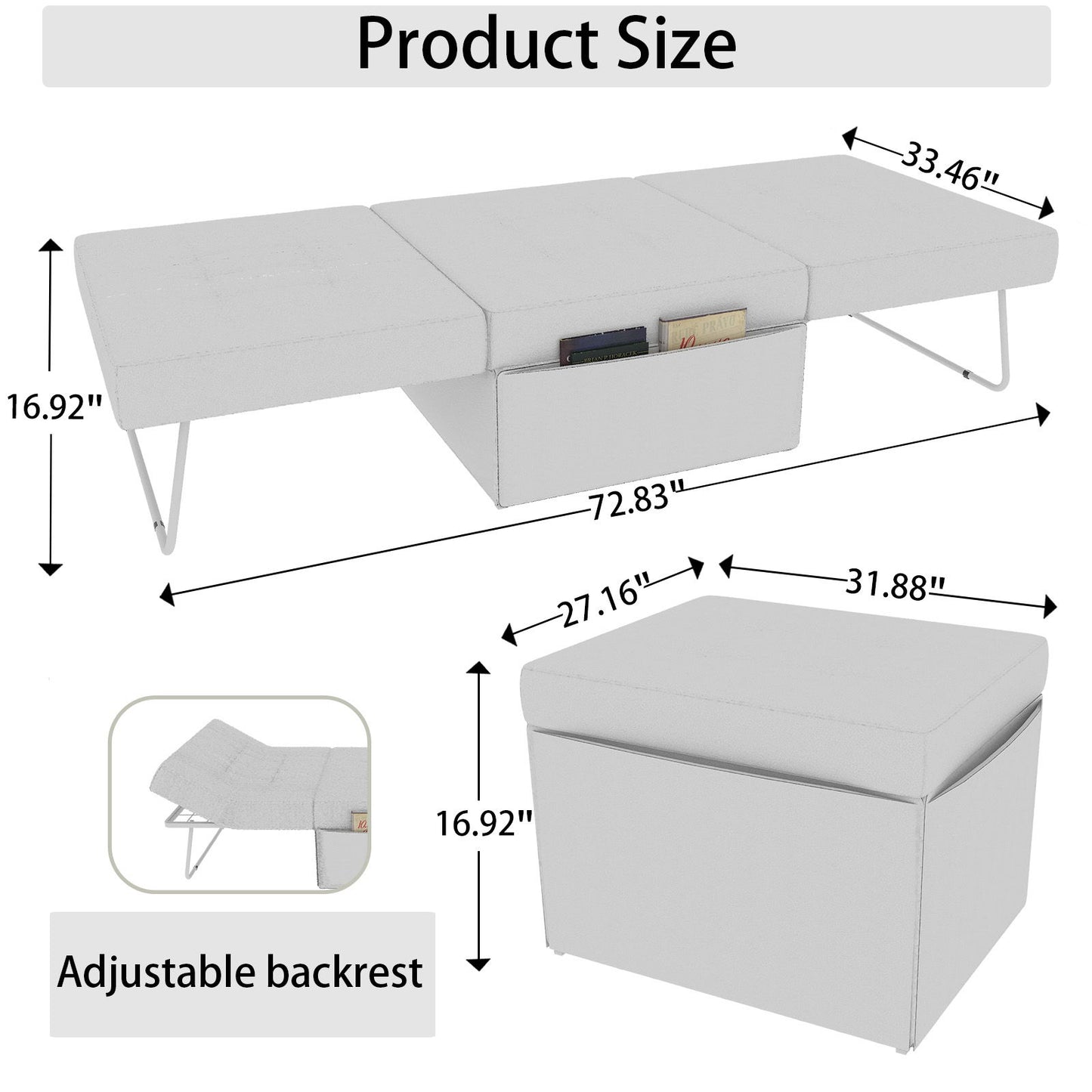 Modern Convertible Sofa Bed 4 In 1 Folding Ottoman Sleeper With Adjustable Backrest