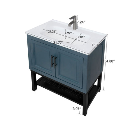 Modern Freestanding Bathroom Vanity With Ceramic Sink, Hot And Cold Faucet, Storage Cabinet & Open Shelf