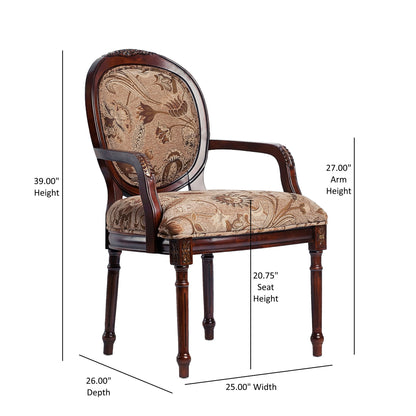 Bernice - Traditional Oval Back Chair With Floral Carvings - Brown / Beige Gray