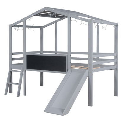 Loft House Bed With Ladder And Slide, With Blackboard And Light Strip On The Roof