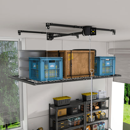 Overhead Garage Storage Rack For High Ceilings, Construction With Safety Lock - Black