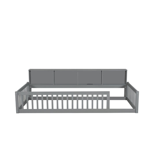 Twin Long Floor Bed With Storage Cabinets And USB Ports - Gray